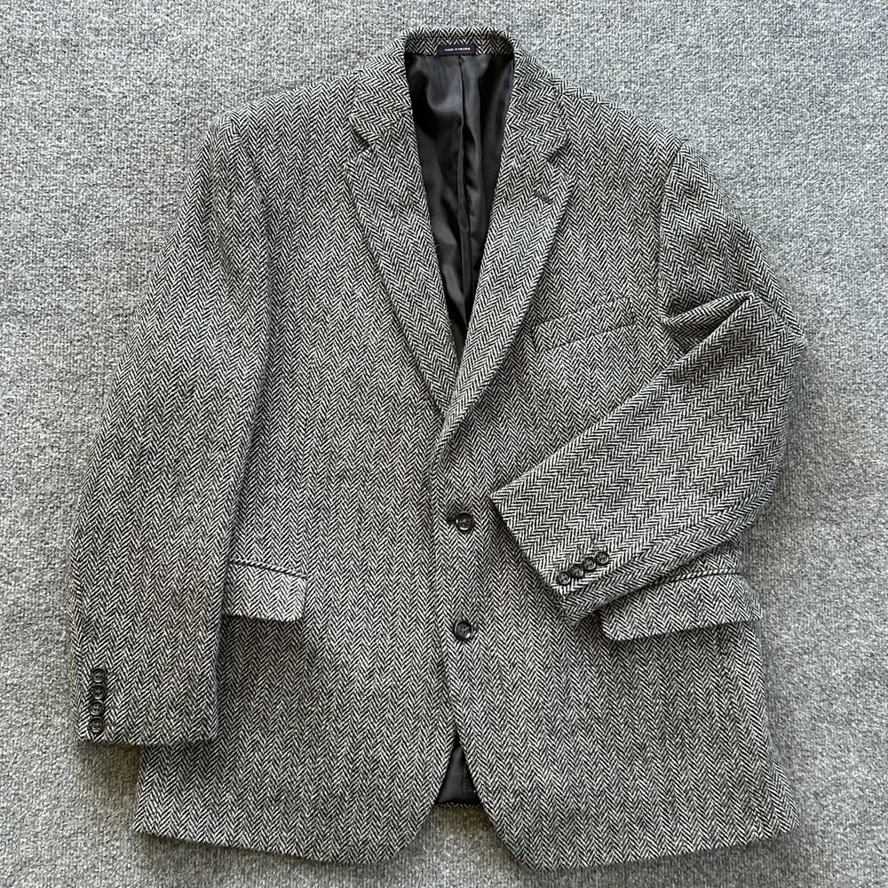 Stafford Sport Coat Mens 48R Gray Harris Tweed Wool Herringbone Blazer Jacket - Picture 2 of 16